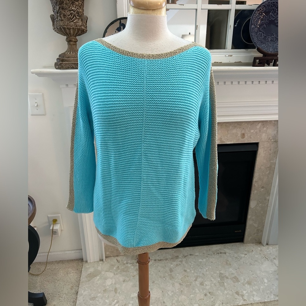 Lilly Pulitzer Turquoise Sweater with Golden Beige Trim